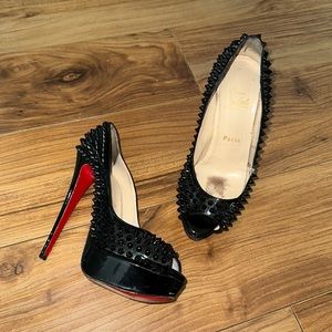Christian Louboutin Petent Leather Lady Peep Spiked Platform Pumps
